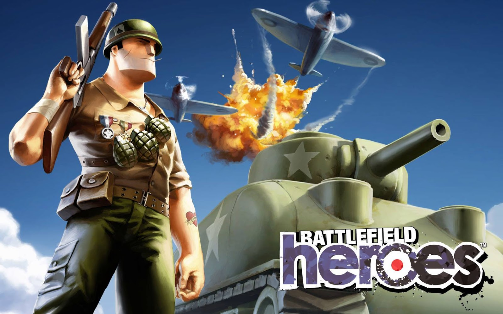 Battlefield Heroes splash screen Cell shaded screenshot of a WW2 soldier with a gun, a tank behind them, and two planes dogfighting in the sky above..