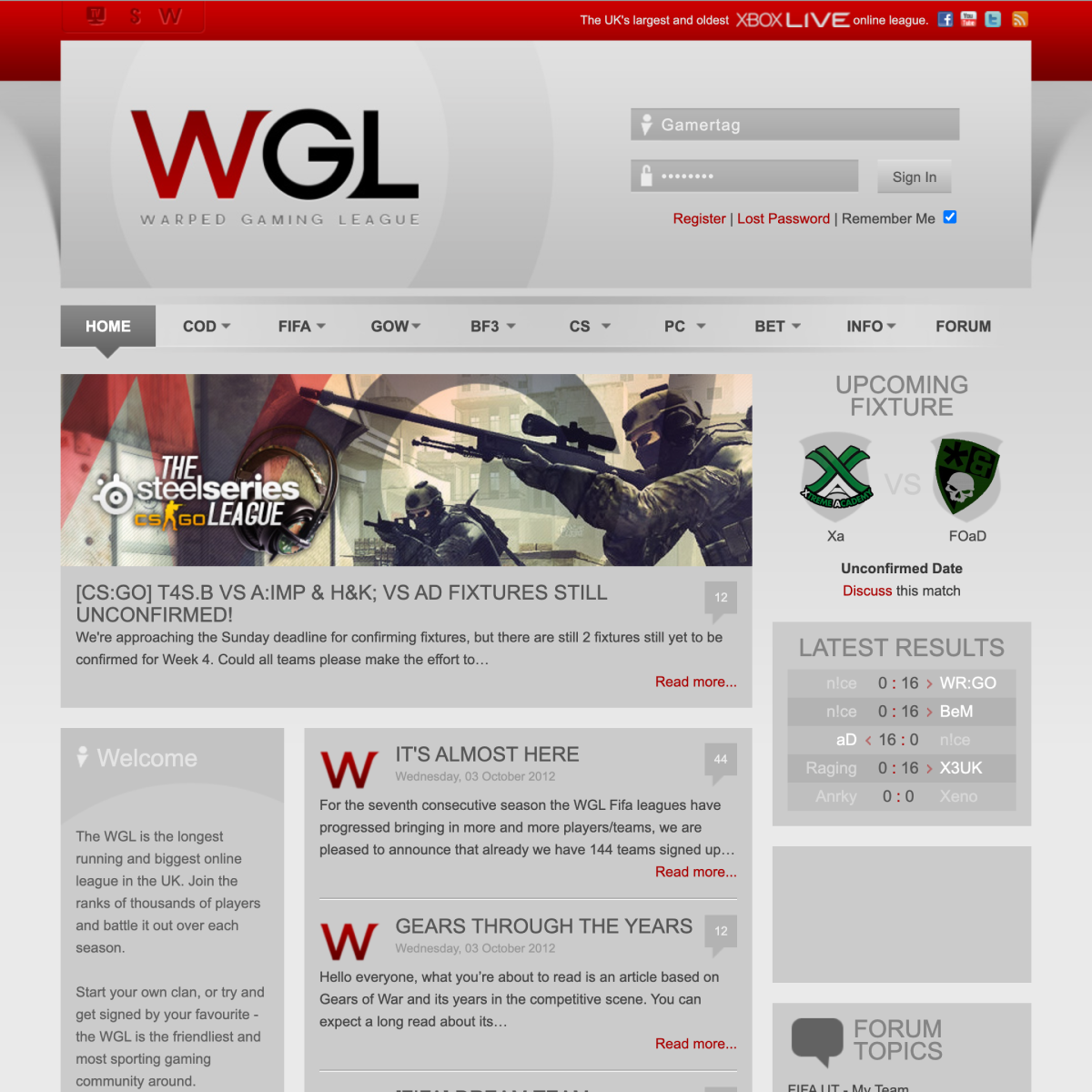 Warped Gaming League Website Screenshot Screenshot of the old Warped Gaming League website. The site features a news feed about Gears of War and CSGO, an upcoming match fixtures list, and an overview of recent forum discussions.