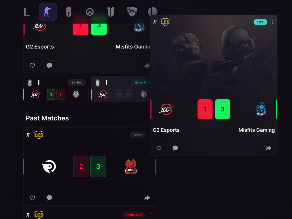 Kokyo Mobile App Schedule Screenshot of the schedule page in the Kokyo mobile web application. The header with scores is zoomed in for detail, and a list of past matches is displayed to the left.