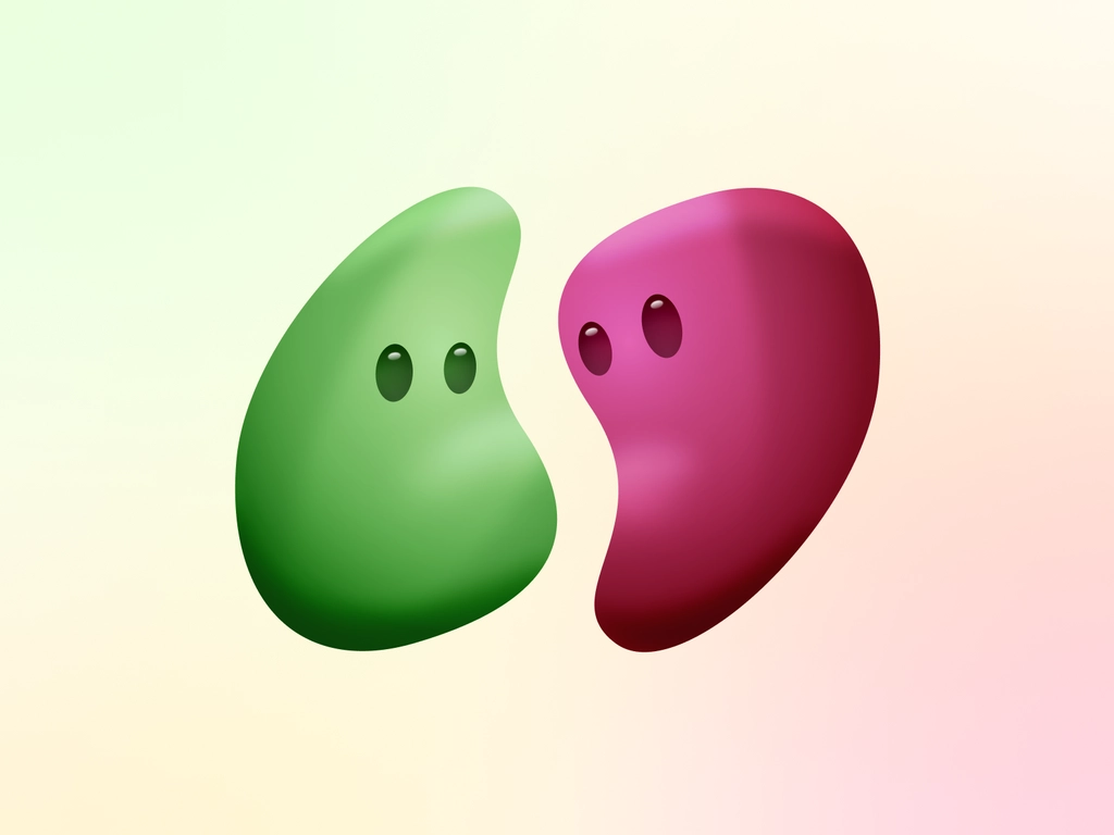 Stylized Knomii Logo A stylized version of the Knomii logo. Two characters face each other. The characters look like jelly beans, one green and one red.