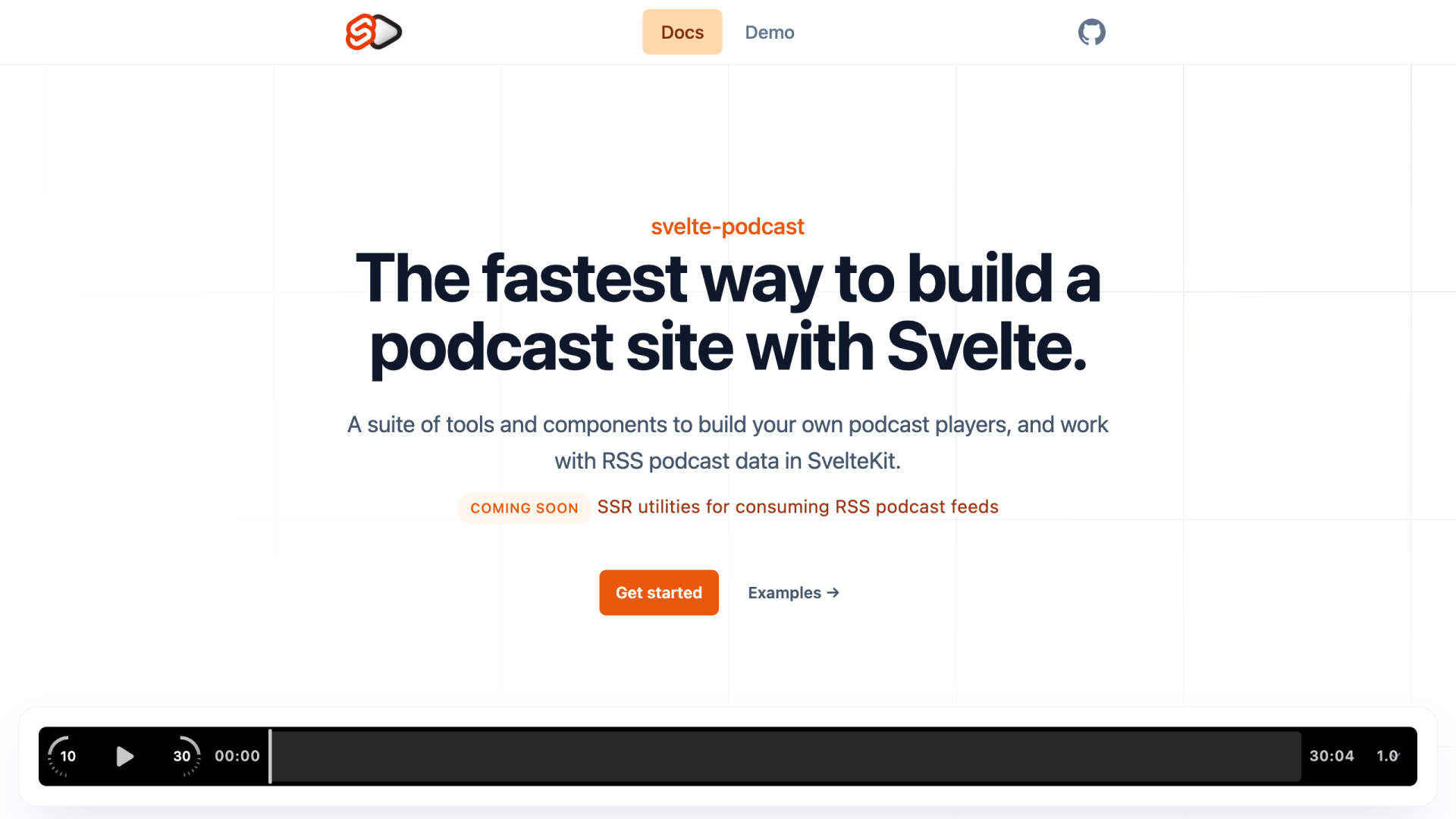 Svelte Podcast Website Screenshot Website screenshot for svelte-podcast titled 'the fastest way to build a podcast site with svelte', includes an audio media player.